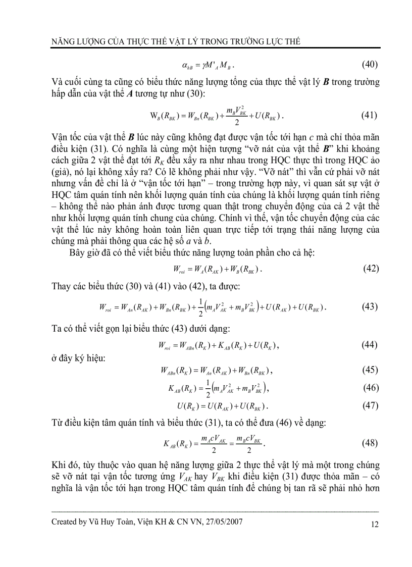 image for page Năng lượng của thực thể vật lý trong trường lực thế