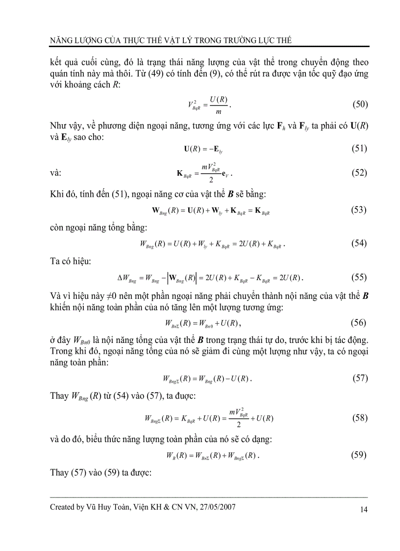 image for page Năng lượng của thực thể vật lý trong trường lực thế