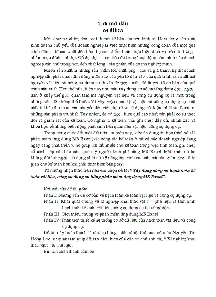 Xây dựng công cụ hạch toán kế toán vật liệu công cụ dụng cụ bằng phần mềm ứng dụng ms excel