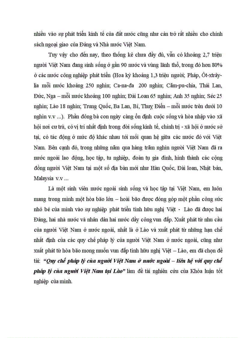 Quy chế pháp lý của người Việt Nam ở nước ngoài liên hệ với quy chế pháp lý của người Việt Nam tại Lào