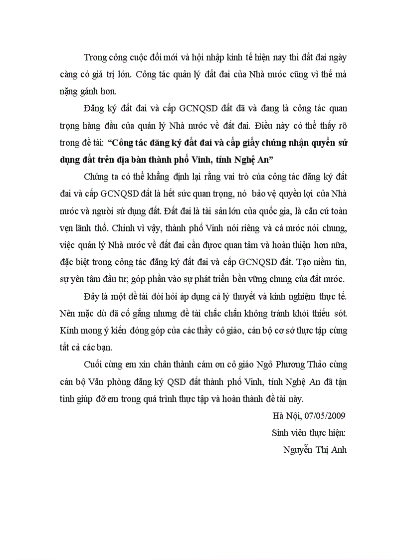 image for page Công tác đăng ký đất đai và cấp giấy chứng nhận quyền sử đất trên địa bàn thành phố Vinh tỉnh Nghệ An