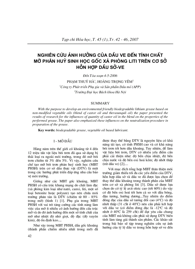 Nghiên cứu ảnh hưởng của dầu ve đến tính chất mỡ phân huỷ sinh học gốc xà phòng liti trên cơ sở hỗn hợp dầu sở ve