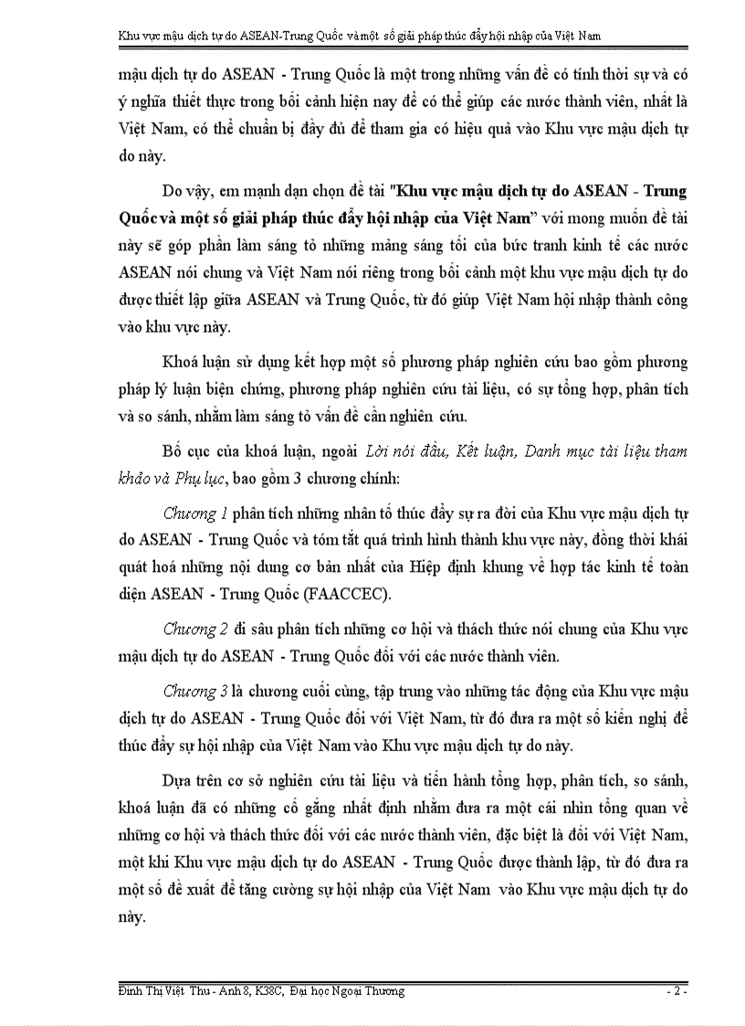 Khu vực mậu dịch tự do ASEAN Trung Quốc và một số giải pháp thúc đẩy hội nhập của Việt Nam