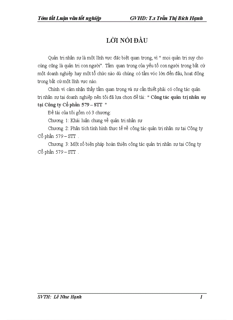 Công tác quản trị nhân sự tại Công ty cổ phần 579 STT