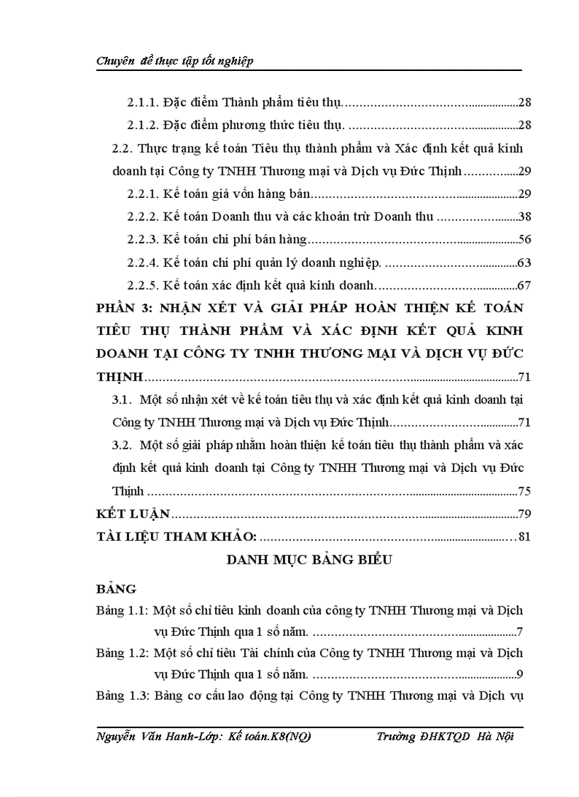 Kế toán tiêu thụ và Xác định kết quả Kinh doanh tại Công ty TNHH Thương mại và Dịch vụ Đức Thịnh