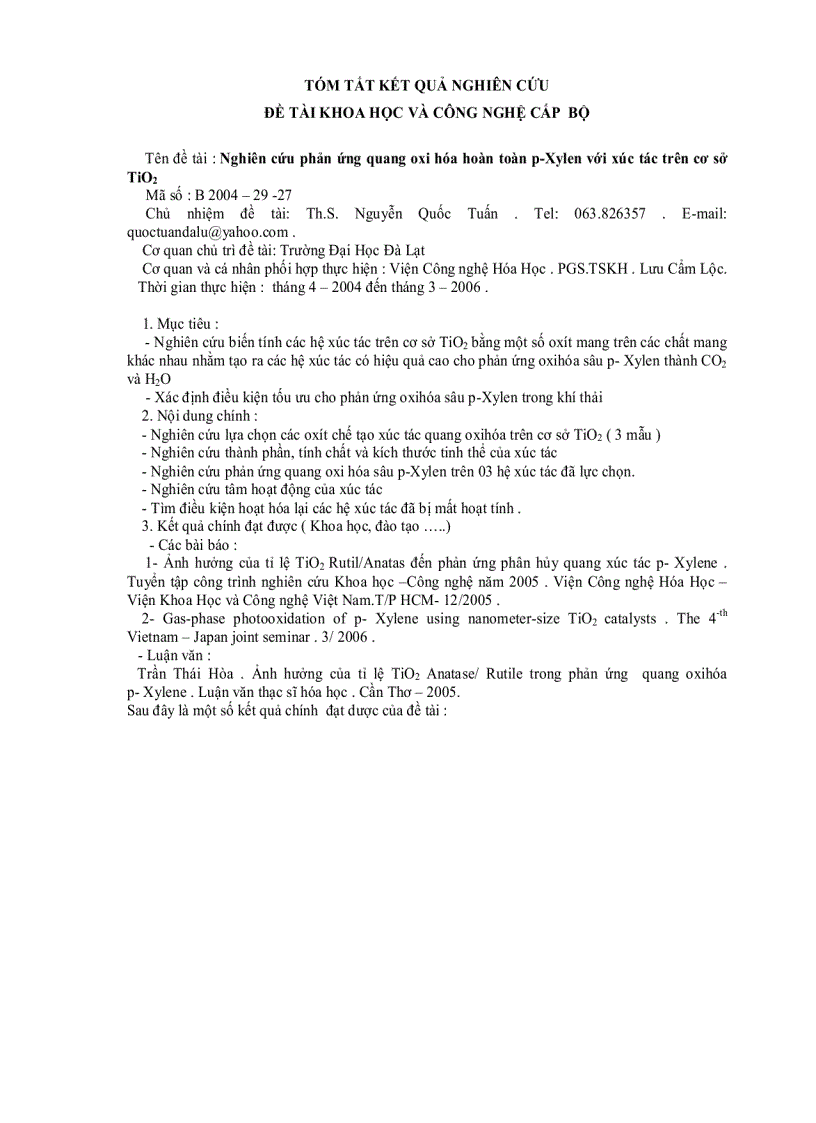 image for page Nghiên cứu phản ứng quang õi hóa hoàn toàn p Xylen với xúc tác trên cơ sở TiO2