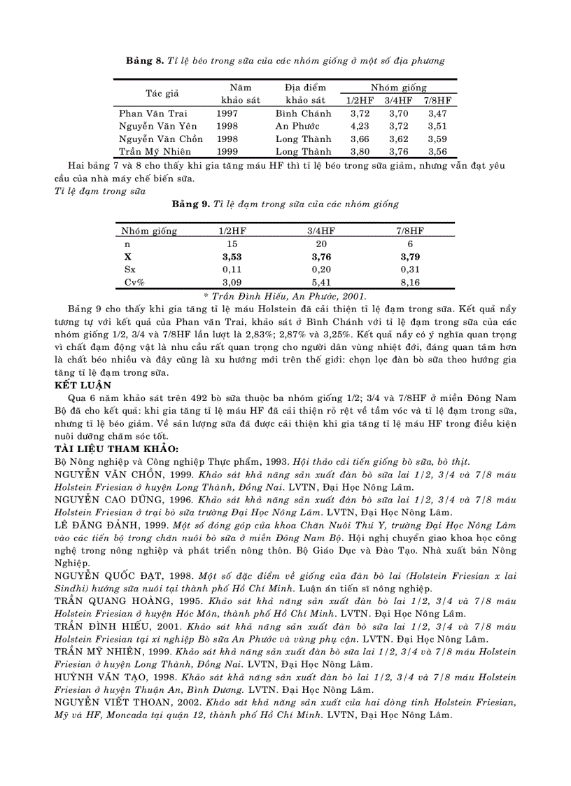 Nghiên cứu thành tích sản xuất của đàn bò sữa lai 1 2 3 4 và 7 8 máu holstein fresian ở miền đông nam bộ