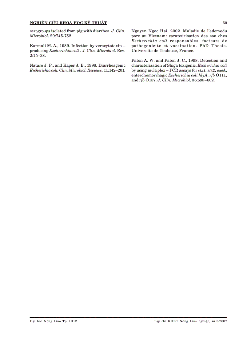 image for page Phát hiện một số gen độc lực của escherichia coli trên thịt bò heo và trong phân bò heo bằng kỹ thuật