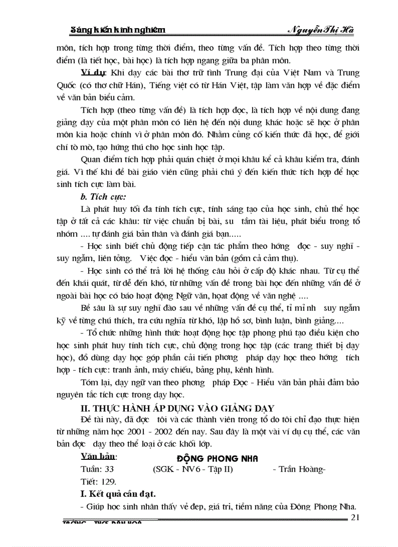 image for page Dạy ngữ văn ở trường THCS theo phương pháp Đọc Hiểu văn bản đảm bảo nguyên tắc tích hợp tích cực trong dạy học