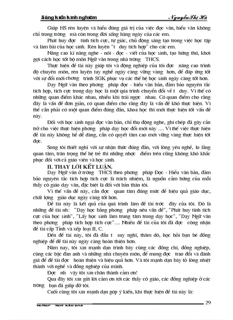 image for page Dạy ngữ văn ở trường THCS theo phương pháp Đọc Hiểu văn bản đảm bảo nguyên tắc tích hợp tích cực trong dạy học