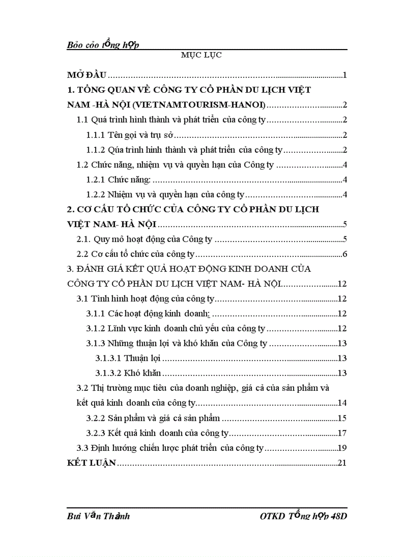 Cơ cấu tổ chức và đánh giá kết quả hoạt động kinh doanh của Công ty Cổ phần Du lịch Việt Nam Hà Nội
