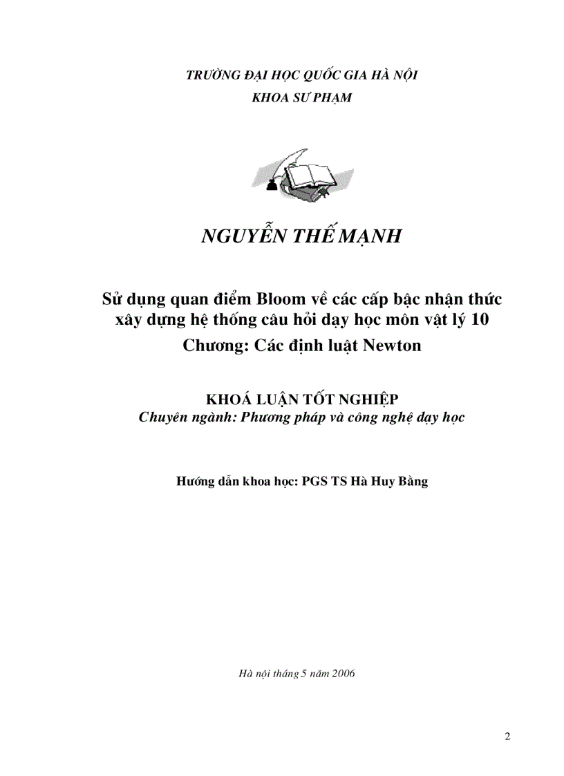 Sử dụng quan điểm Bloom về các cấp bậc nhận thức xây dựng hệ thống câu hỏi dạy học môn vật lý 10