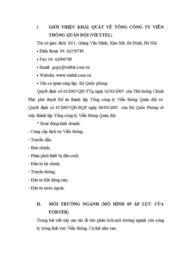 image for page Phân tích môi trường ngành của công ty Viễn thông quân đội VIETTEL