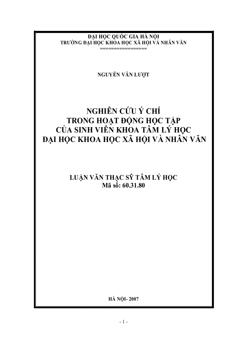 Nghiên cứu ý chí trong hoạt động học tập của sinh viên Khoa Tâm lý học Trường ĐHKHXH NV 117 trang