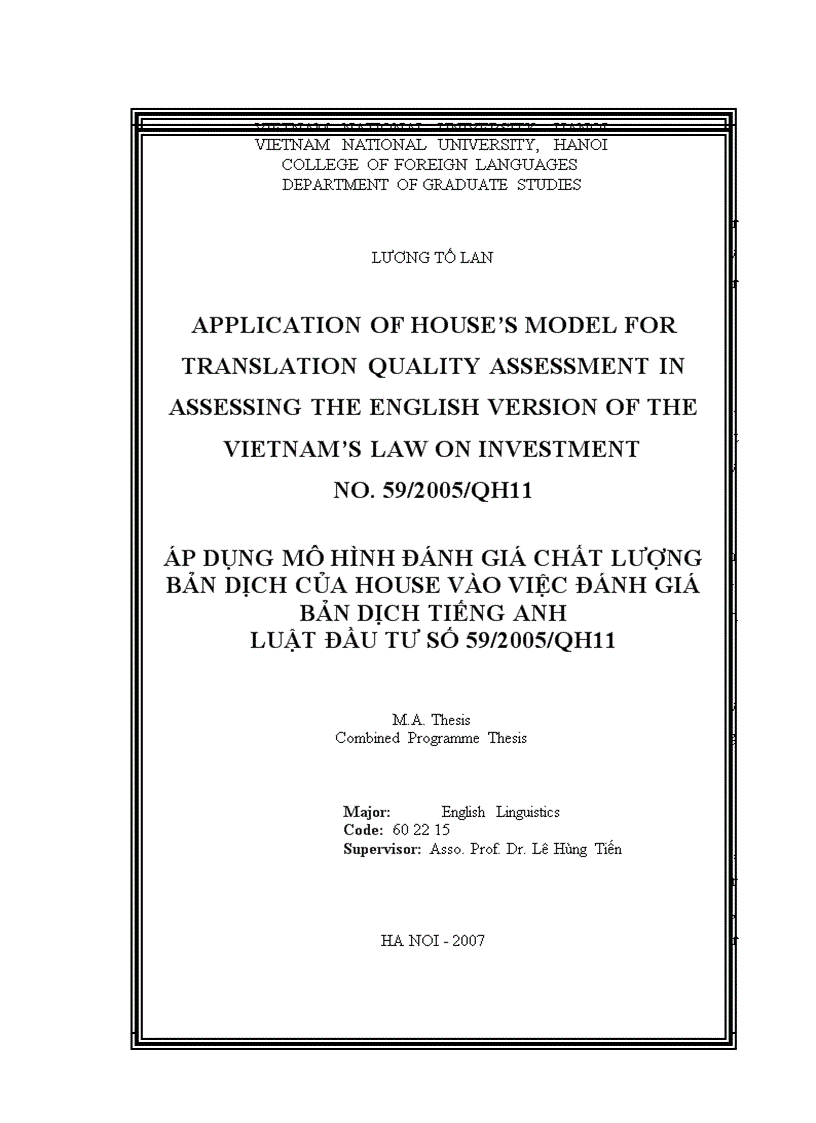 Application of house s model for translation quality assessment in assessing the english version of the vietnam s law on investment no 59 2005 qh