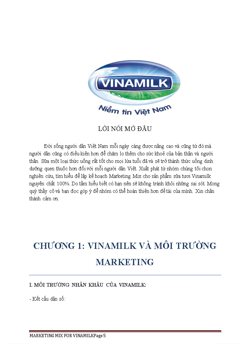 Kế hoạch marketing mix cho sản phẩm sữa tươi nguyên chất 100 của vinamilk