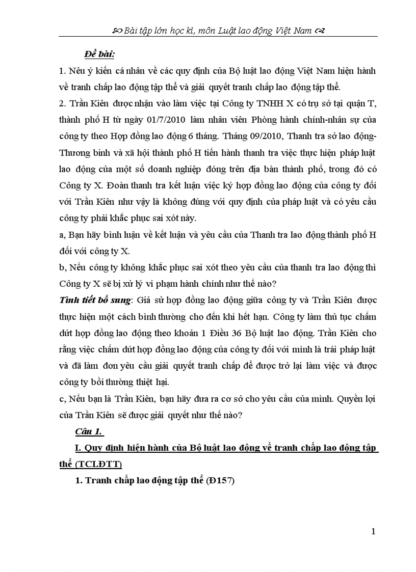 image for page Bài tập học kỳ Luật Lao động đề 1 Nêu ý kiến cá nhân về các quy định của Bộ luật lao động Việt Nam hiện hành về tranh chấp lao động tập thể và giải quyết tranh chấp lao động tập thể