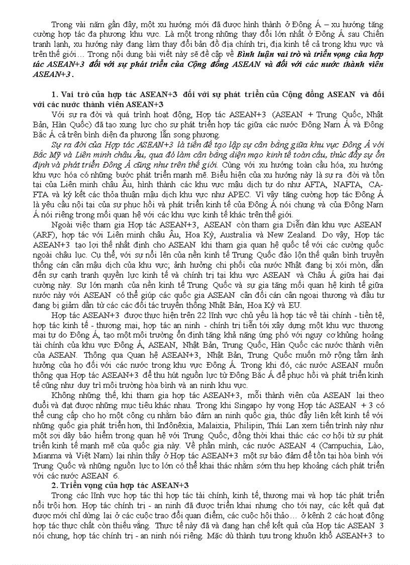 Bình luận vai trò và triển vọng của hợp tác ASEAN 3 đối với sự phát triển của Cộng đồng ASEAN và đối với các nước thành viên ASEAN 3
