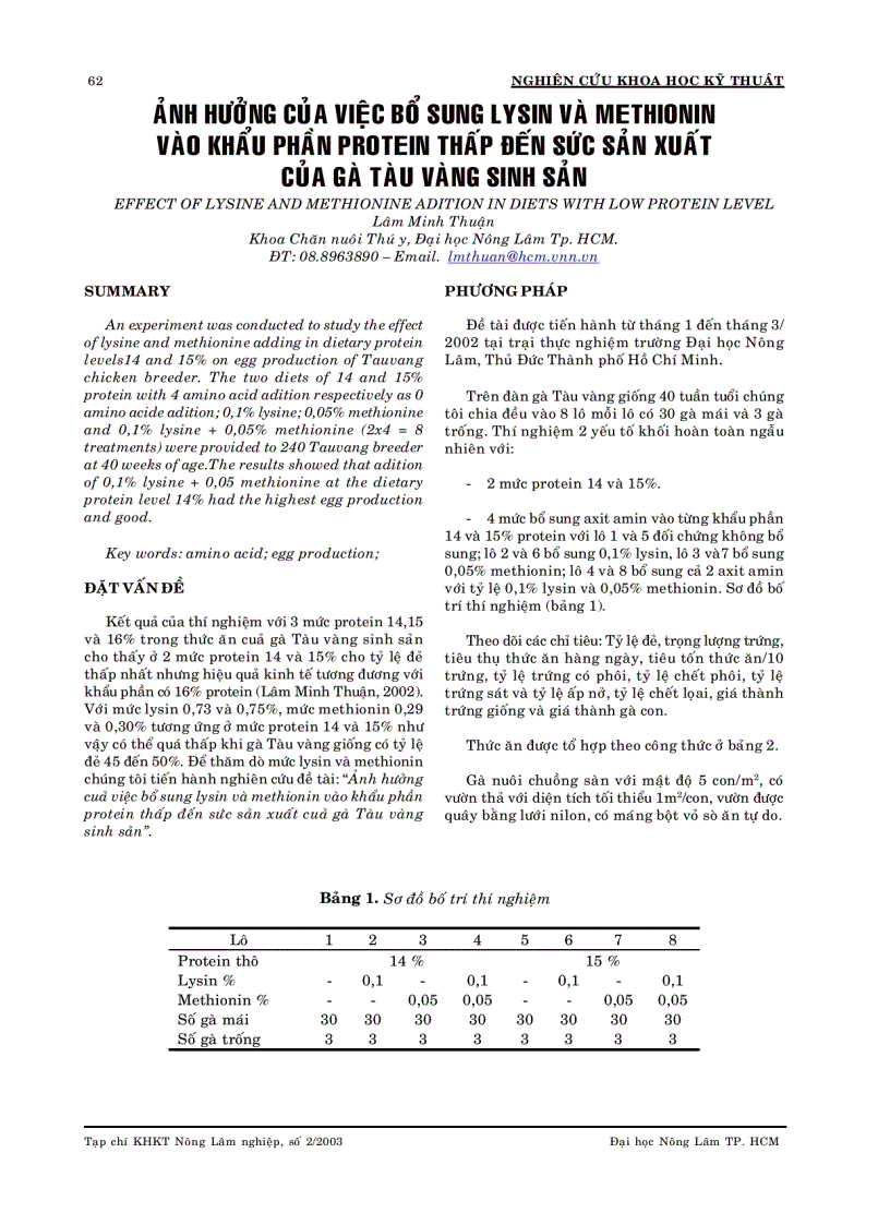 image for page Ảnh hưởng của việc bổ sung lysin và methionin vào khẩu phần protein thấp đến sức sản xuất của gà tàu vàng sinh sản