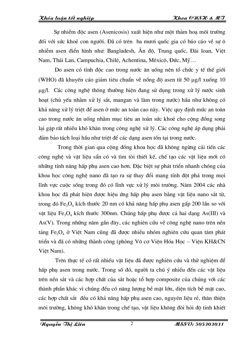 Nghiên cứu chế tạo oxyt sắt từ kích thước nano từ nguyên liệu kỹ thuật rẻ tiền ứng dụng trong xử lý Asen trong nước sinh hoạt