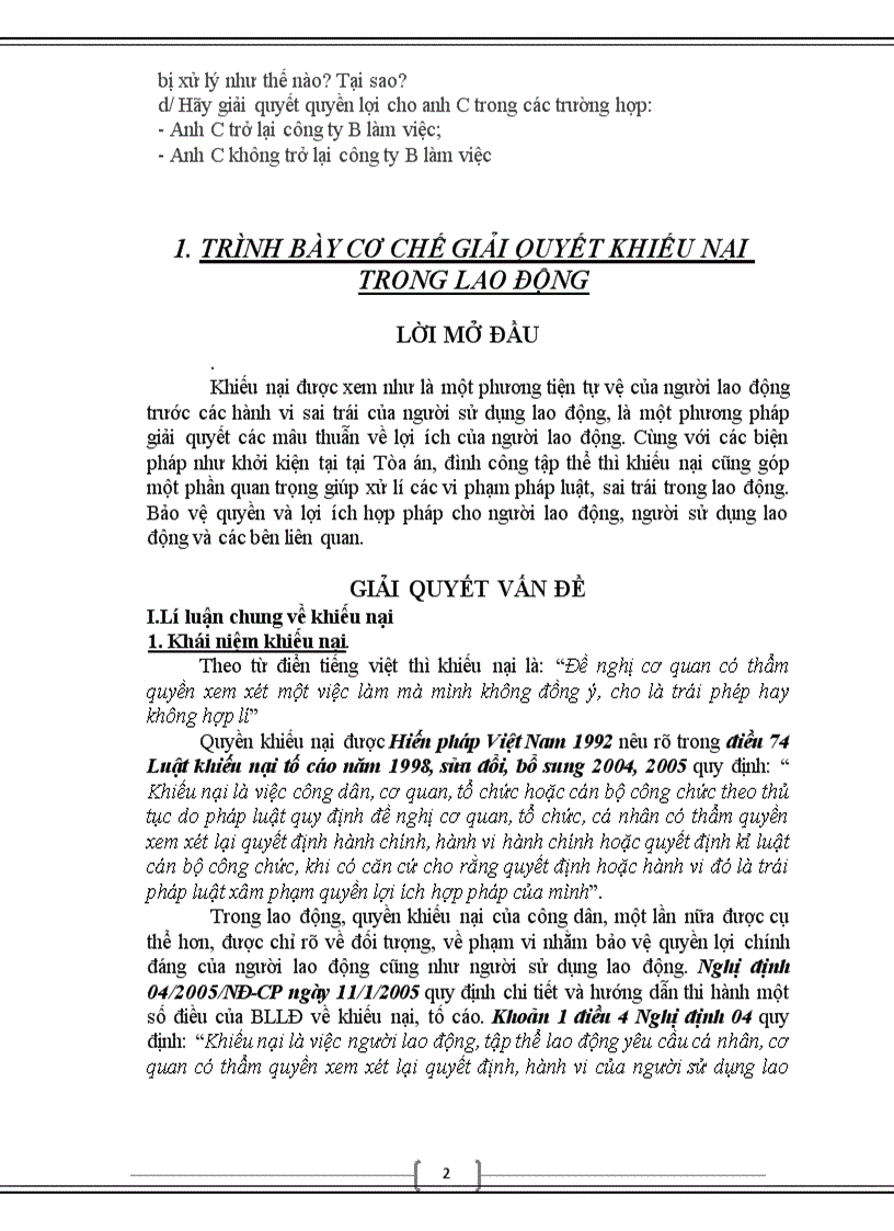 image for page Trình bày cơ chế giải quyết khiếu nại trong lĩnh vực lao động Giải quyết tình huống 8đ