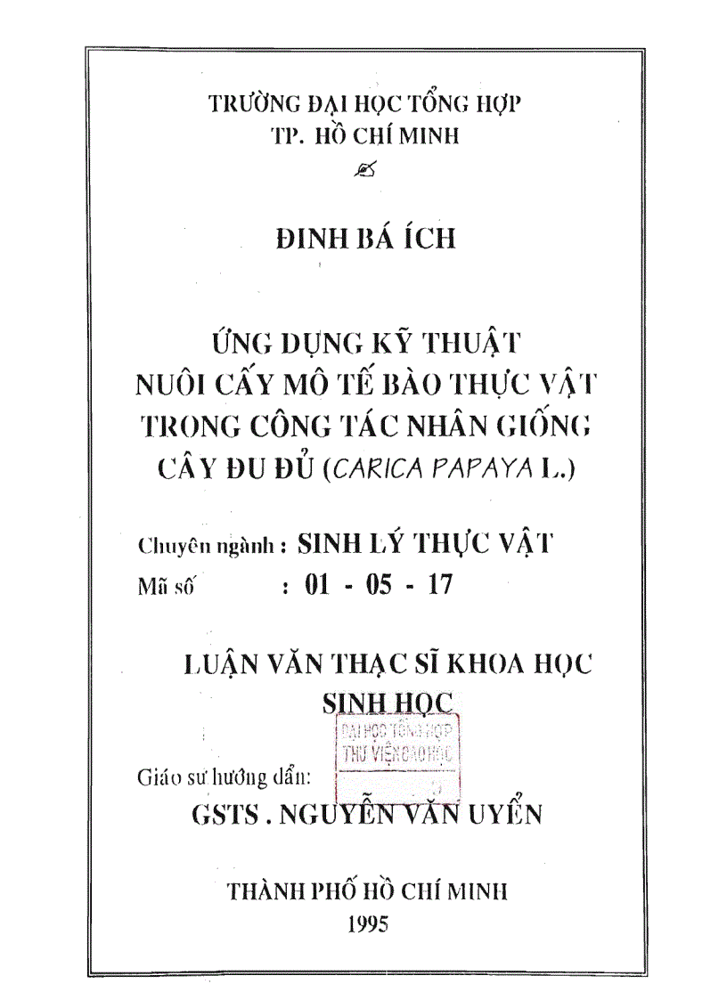 image for page Ứng dụng kỹ thuật nuôi cấy mô tế bào thực vật trong công tác nhân giống cây đu đủ carica papaya l