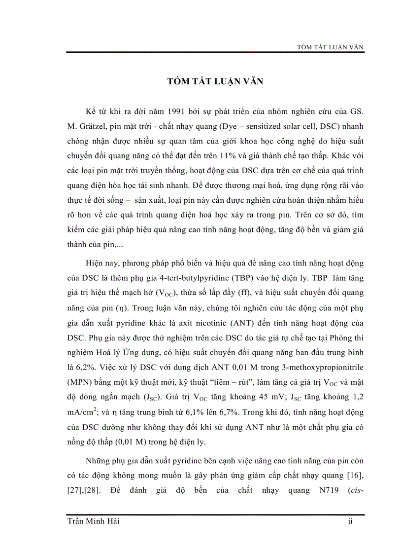 Tác động của các phụ gia axit nicotinic và 4 tert butylpyrindine đến hoạt động của pin mặt trời tinh thể nano tio2 chất nhạy quang
