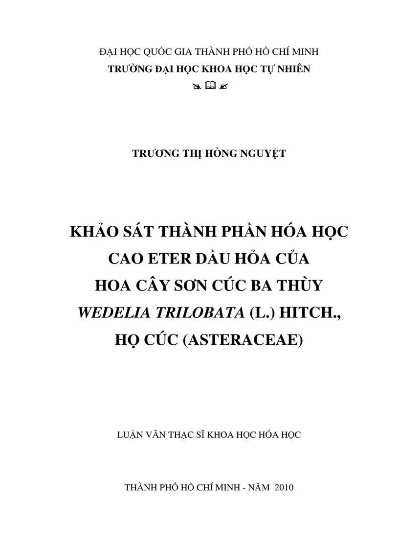 image for page Khảo sát thành phần hóa học cao eter dầu hỏa của hoa cây sơn cúc ba thùy Wedelia trilobata l hitch họ cúc asteraceae