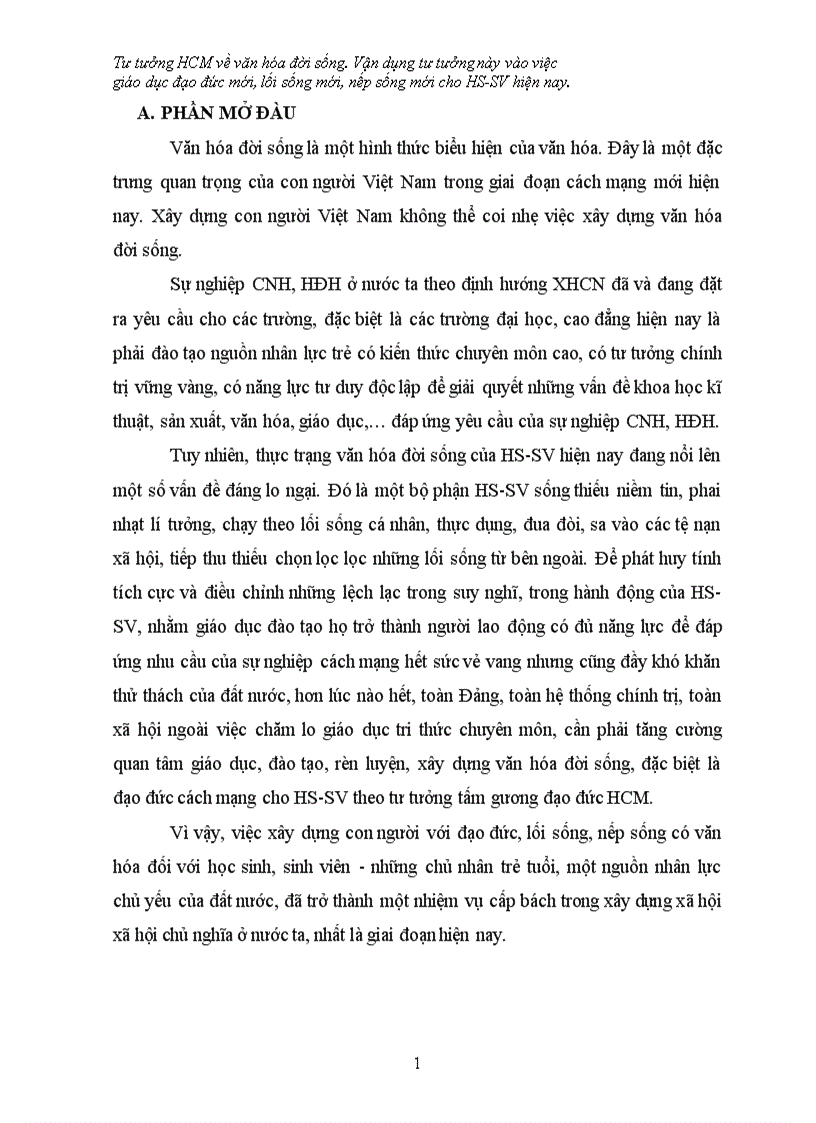 image for page Tiểu luận tư tưởng hồ chí minh Tư tưởng HCM về văn hóa đời sống Vận dụng tư tưởng này vào việc giáo dục đạo đức mới lối sống mới nếp sống mới cho HS SV hiện nay