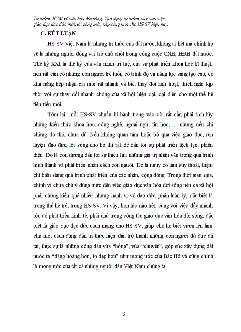 image for page Tiểu luận tư tưởng hồ chí minh Tư tưởng HCM về văn hóa đời sống Vận dụng tư tưởng này vào việc giáo dục đạo đức mới lối sống mới nếp sống mới cho HS SV hiện nay