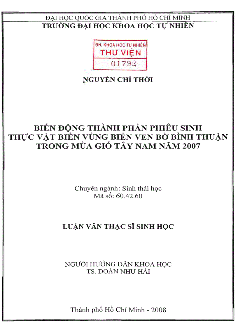 Biến động thành phần phiêu sinh thực vật biển vùng biển ven bờ bình thuận trong mùa gió tây nam năm 2007