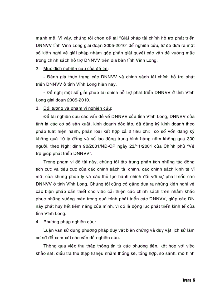 Giải pháp nâng cao tài chính hỗ trợ phát triển doanh nghiệp nhỏ và vừa ở tỉnh Vĩnh long giai đoạn 2005 2010