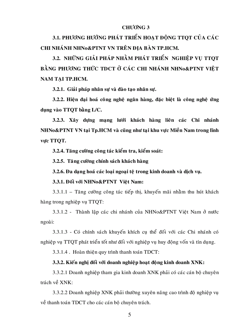Giải pháp hoàn thiện và phát triển thanh toán Quốc tế theo phương thức tín dụng chứng từ tại các chi nhánh của NHNN PTNN Việt Nam trên địa bàn TP HCM