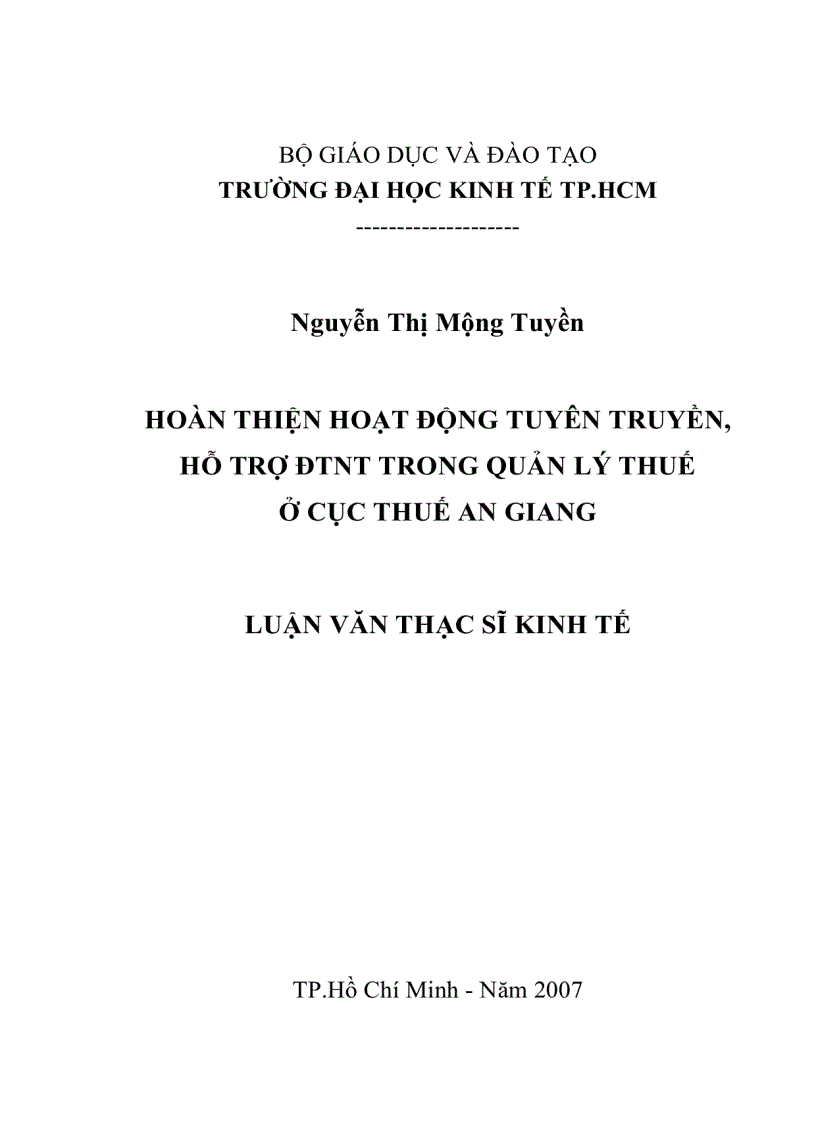 image for page Hoàn thiện hoạt động tuyên truyền hỗ trợ DTNT trong quản lý thuế ở cục thuế An Giang