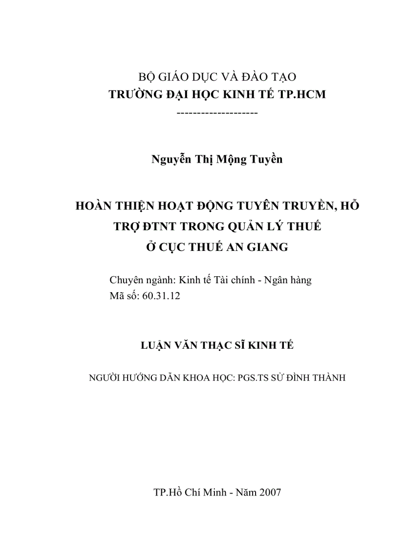 image for page Hoàn thiện hoạt động tuyên truyền hỗ trợ DTNT trong quản lý thuế ở cục thuế An Giang