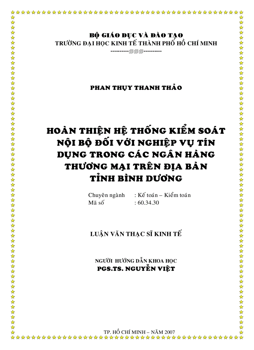 Hoàn thiện hệ thống kiểm soát nội bộ đối với nghiệp vụ tín dụng trong các Ngân hàng Thương mại trên địa bàn tỉnh Bình Dương