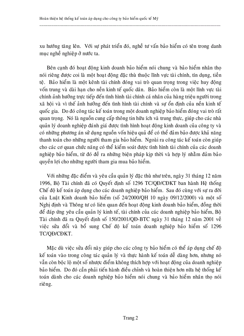 Hoàn thiện hệ thống kế toán áp dụng cho Công ty TNHH Bảo hiểm Quốc tế Mỹ tại Việt Nam