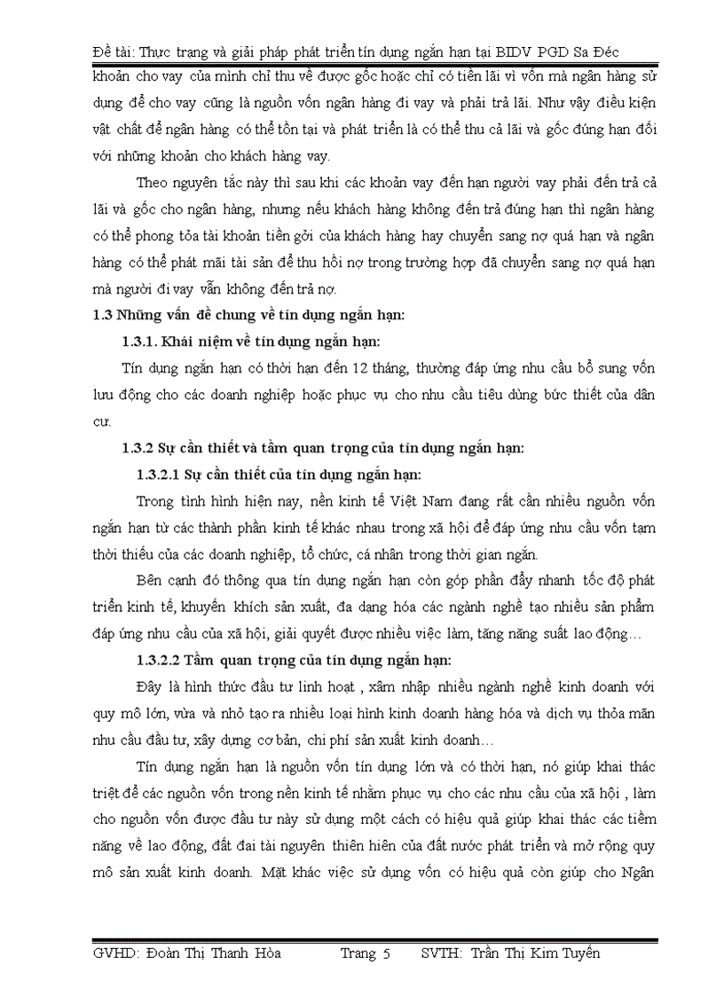 Thực trạng và giải pháp phát triển tín dụng ngắn hạn tại BIDV PGD Sa Đéc