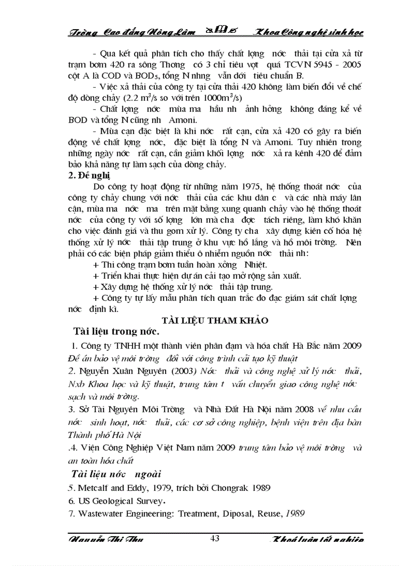 image for page Khảo sát đánh giá tác động của nguồn nước thải đến môi trường từ hoạt động của công ty phân đạm Hà Bắc
