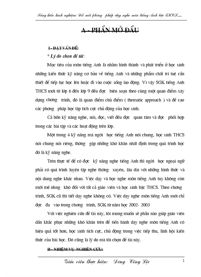 image for page Giảng dạy và học tập môn nghe tiếng Anh của giáo viên và học sinh bậc THCS ở các lớp 6 7 8 9 truờng THCS Hồng Thủy
