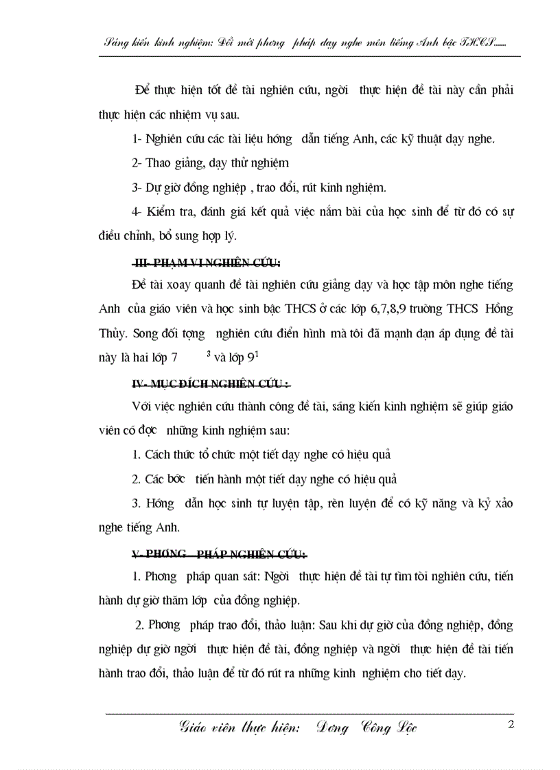 image for page Giảng dạy và học tập môn nghe tiếng Anh của giáo viên và học sinh bậc THCS ở các lớp 6 7 8 9 truờng THCS Hồng Thủy