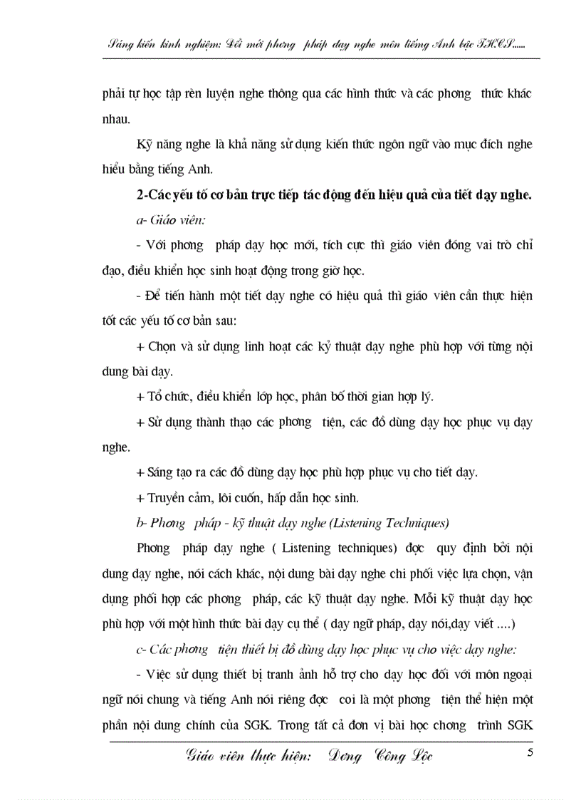 image for page Giảng dạy và học tập môn nghe tiếng Anh của giáo viên và học sinh bậc THCS ở các lớp 6 7 8 9 truờng THCS Hồng Thủy