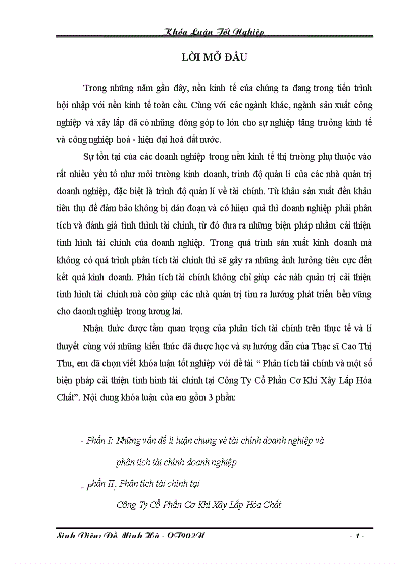 Phân tích tài chính và một số biện pháp cải thiện tình hình tài chính tại Công Ty Cổ Phần Cơ Khí Xây Lắp Hóa Chất
