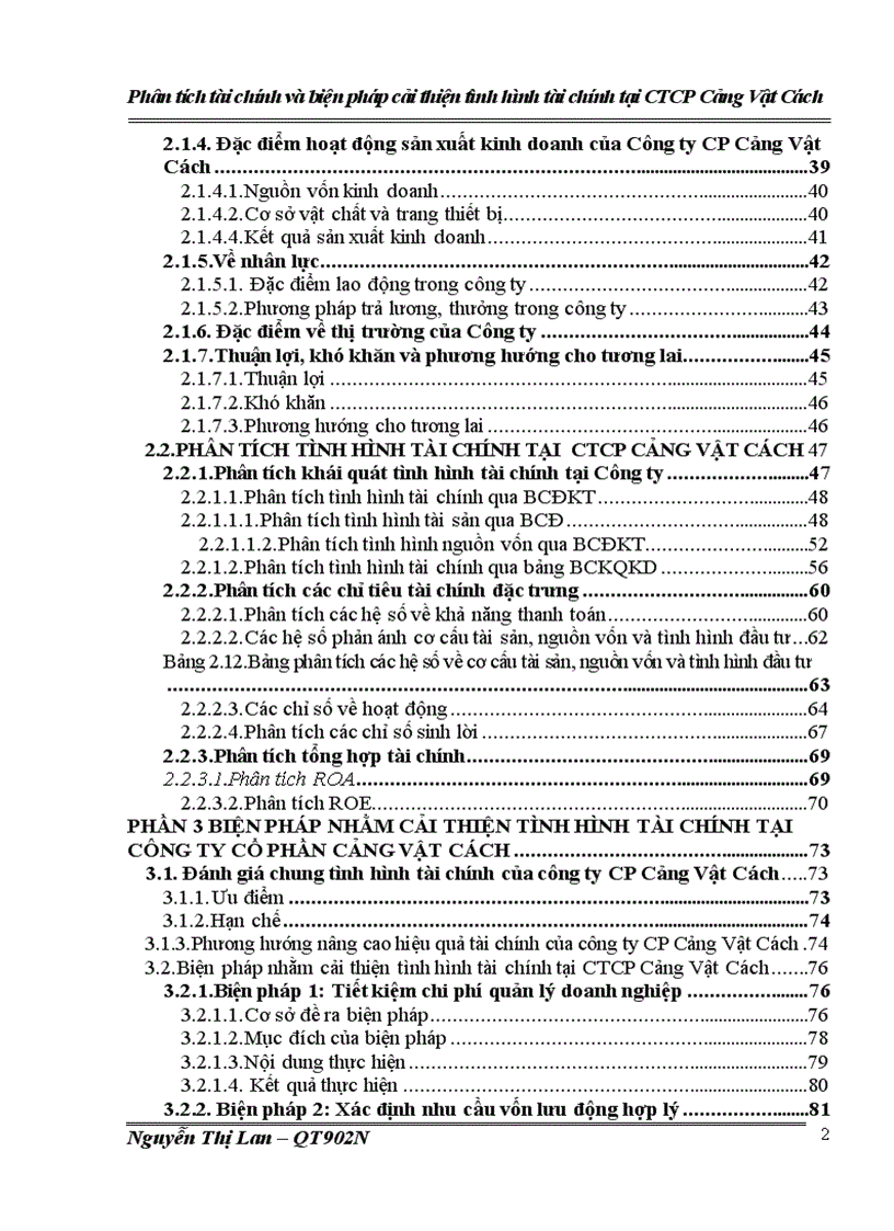 Phân tích tài chính và bịên pháp cải thiện tình tình hình tài chính tại CTCP Cảng Vật Cách