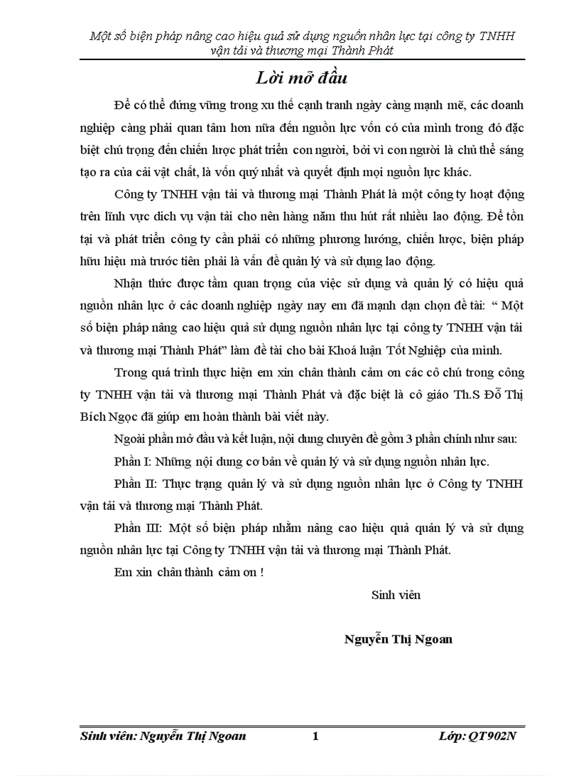 Một số biện pháp nâng cao hiệu quả sử dụng nguồn nhân lực tại công ty TNHH vận tải và thương mại Thành Phát