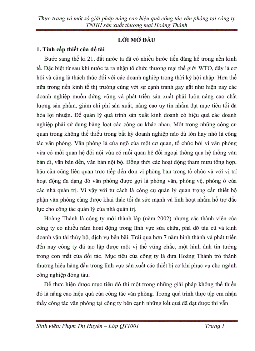 Thực trạng và một số giải pháp nâng cao hiệu quả công tác văn phòng tại công ty TNHH sản xuất thương mại Hoàng Thành