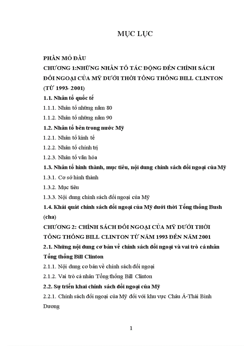 Luận văn thạc sỹ Chính sách đối ngoại của Mỹ dưới thời Tổng thống Bill Clinton từ năm 1993 đến năm 200