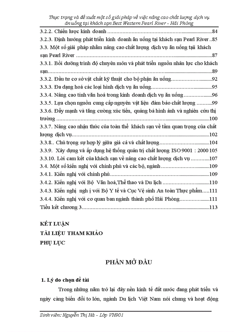 Thực trạng và đề xuất một số giải pháp về việc nâng cao chất lượng dịch vụ ăn uống tại khách sạn Best Western Pearl River Hải Phòng