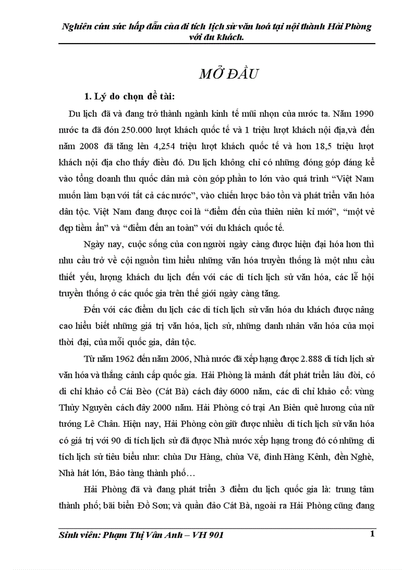 Nghiên cứu sức hấp dẫn của di tích lịch sử văn hóa ở nội thành Hải Phòng với du lịch