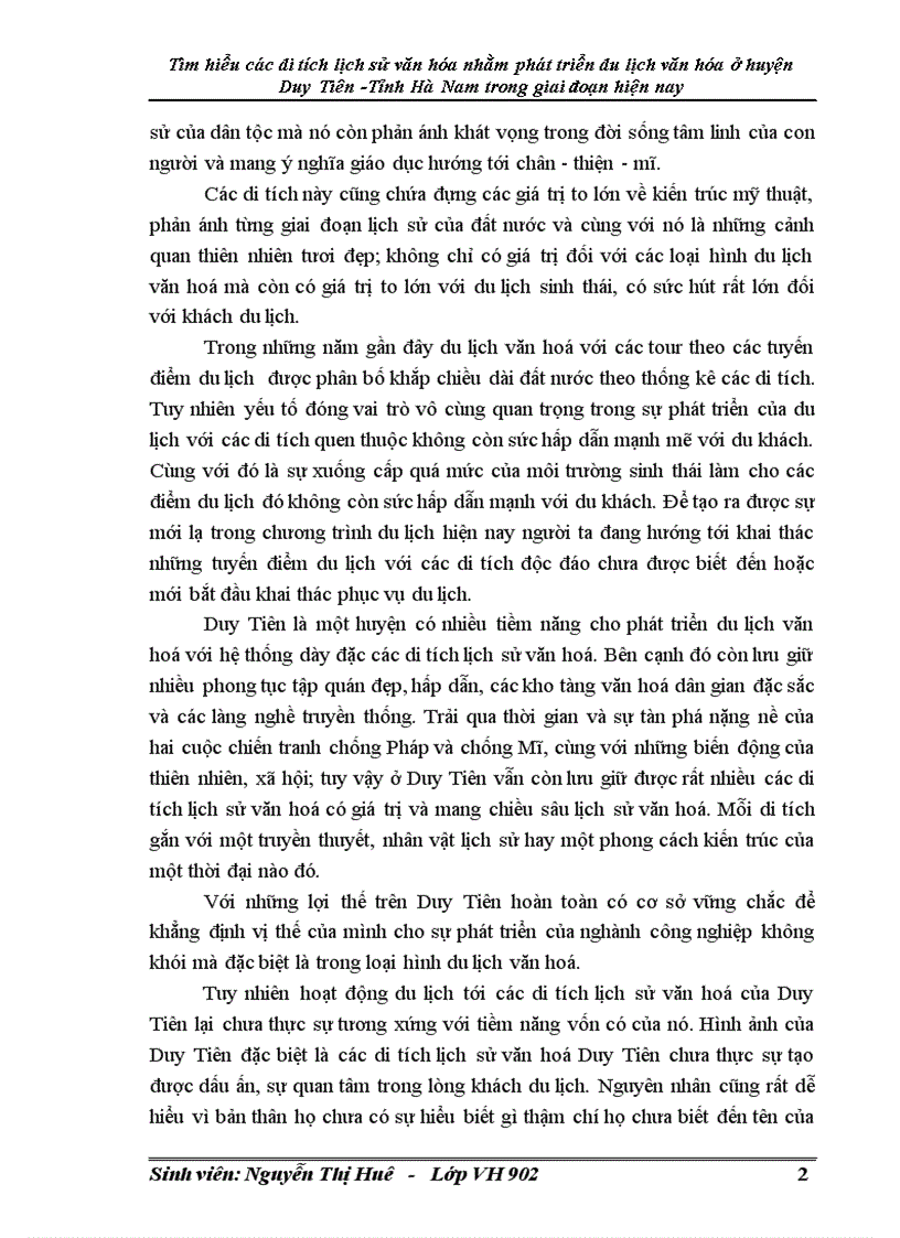 Tìm hiểu các di tích lịch sử văn hoá phục vụ cho phát triển du lịch văn hoá ở huyện Duy Tiên Tỉnh Hà Nam trong giai đoạn hiện nay